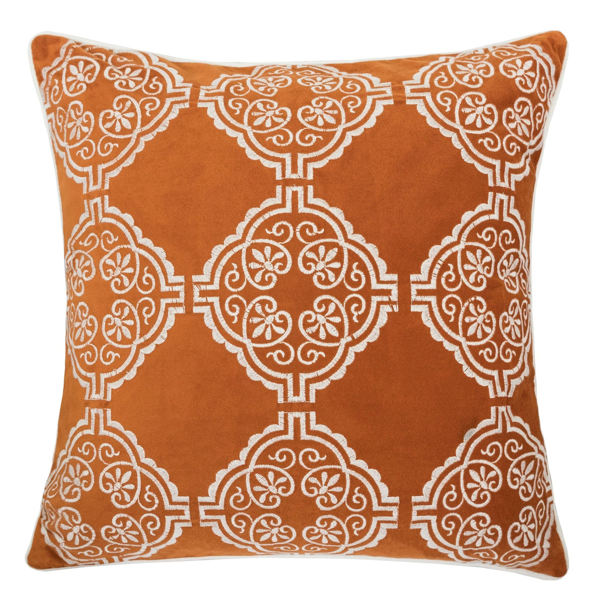 Burnt Orange Damask Embroidered Throw Pillow – Boho Geometric Cushion Set of 2
