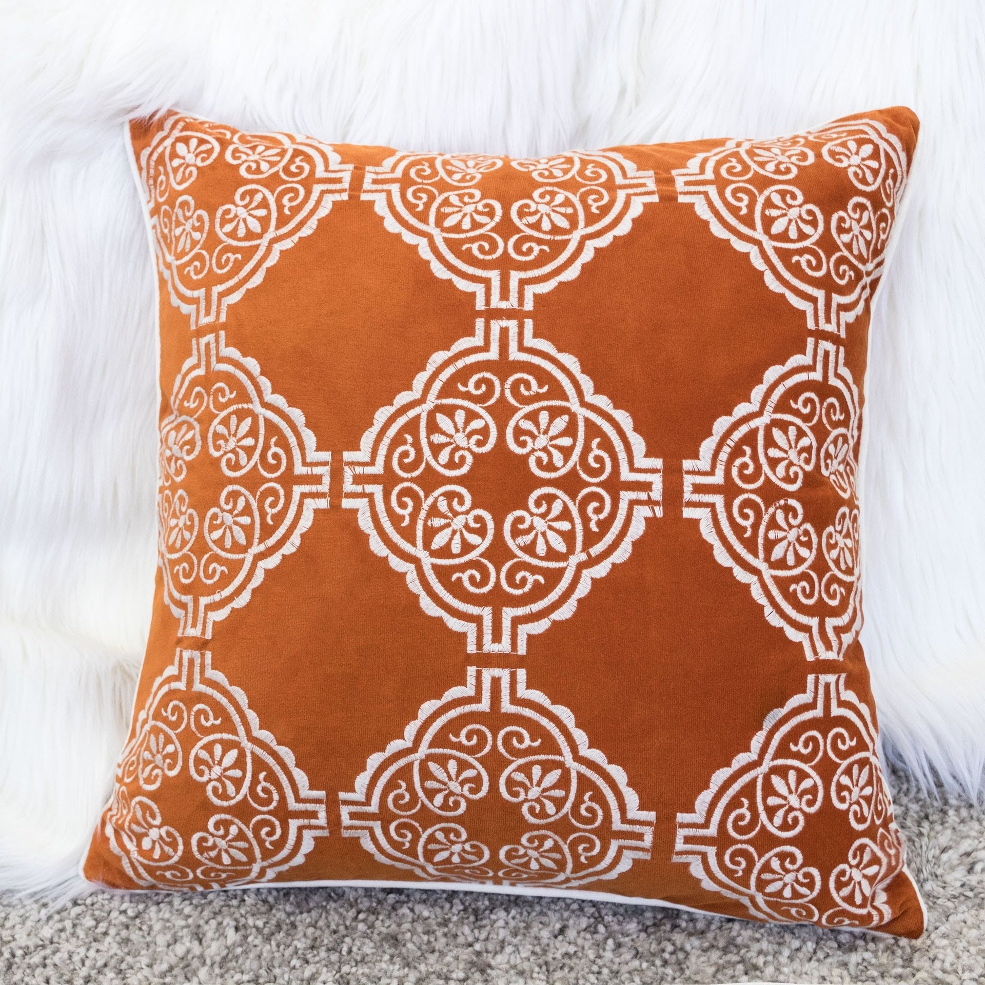 Burnt Orange Damask Embroidered Throw Pillow – Boho Geometric Cushion Set of 2