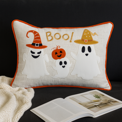 Halloween Boo Ghost Pillow – Embroidered 14x20 Fall Accent with Insert & Cover Set of 2