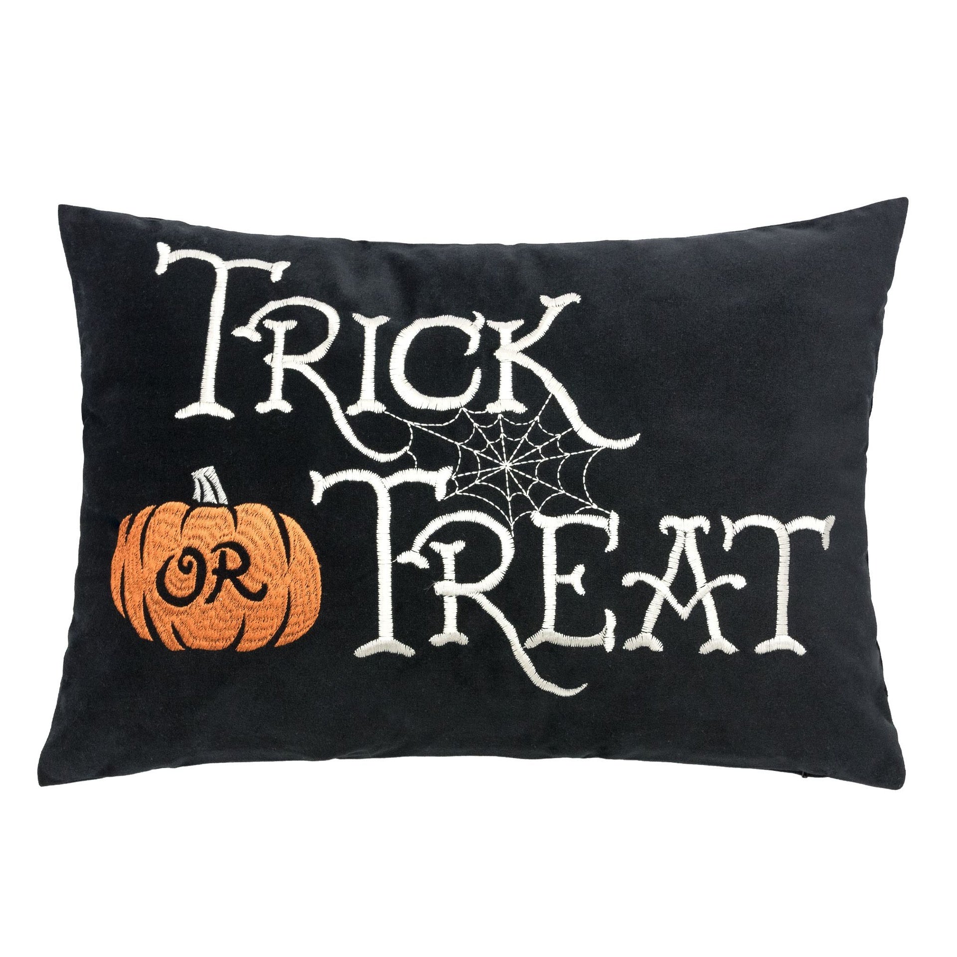 Trick or Treat Halloween Lumbar Pillow – Embroidered Black Cushion with Insert Set of 2