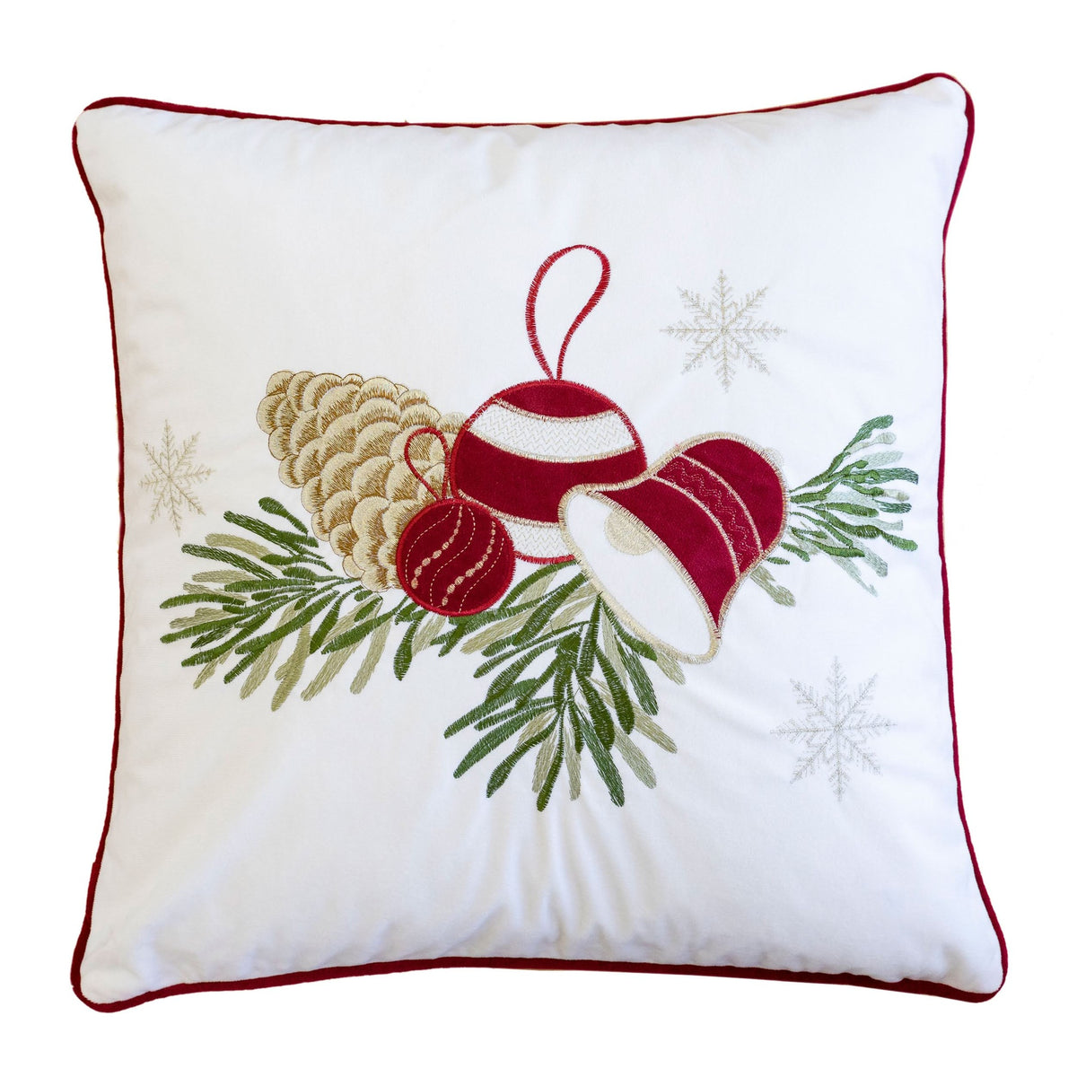 White Christmas Throw Pillow with Pinecone & Ornament Embroidery – 20x20 with Insert Set of 2