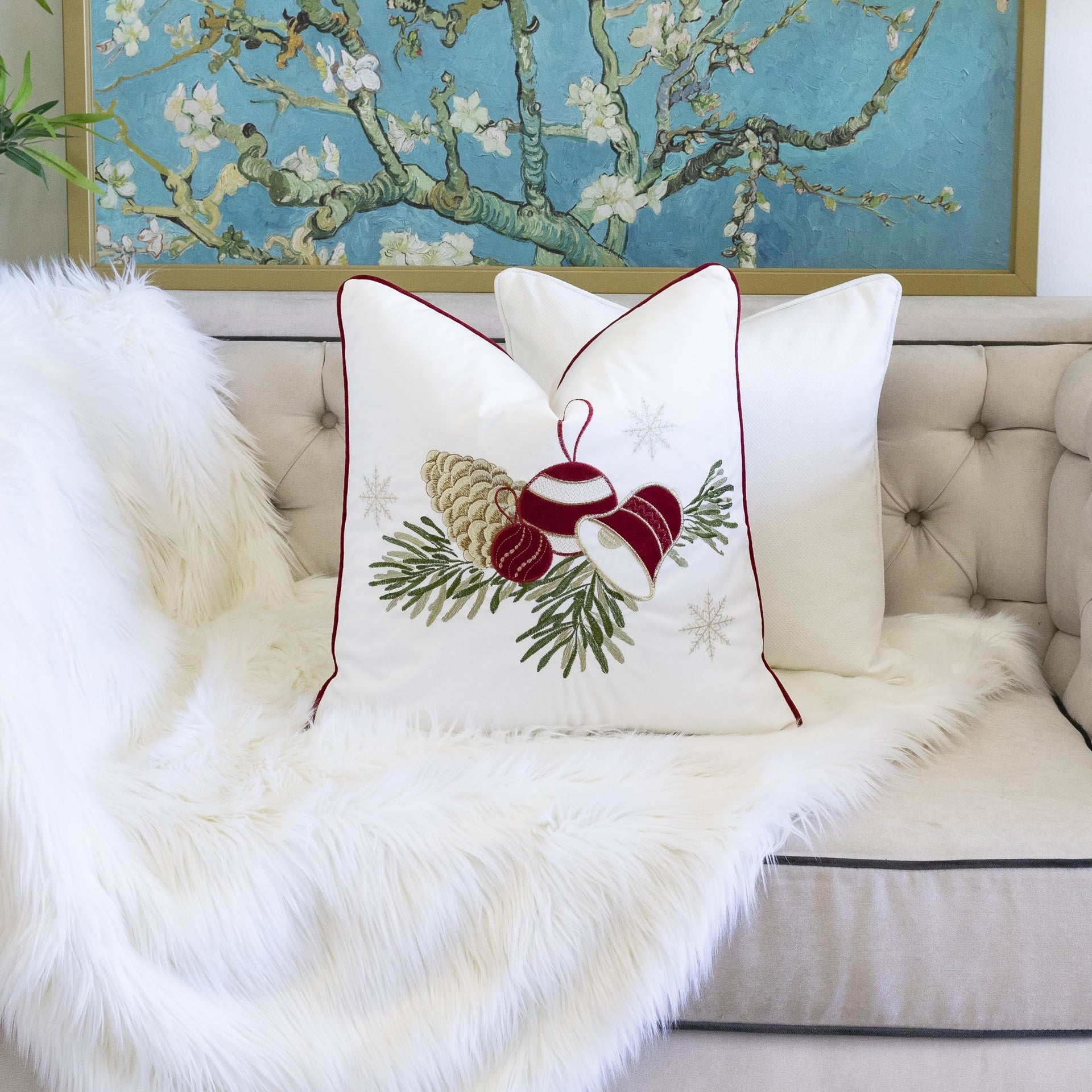 White Christmas Throw Pillow with Pinecone & Ornament Embroidery – 20x20 with Insert Set of 2