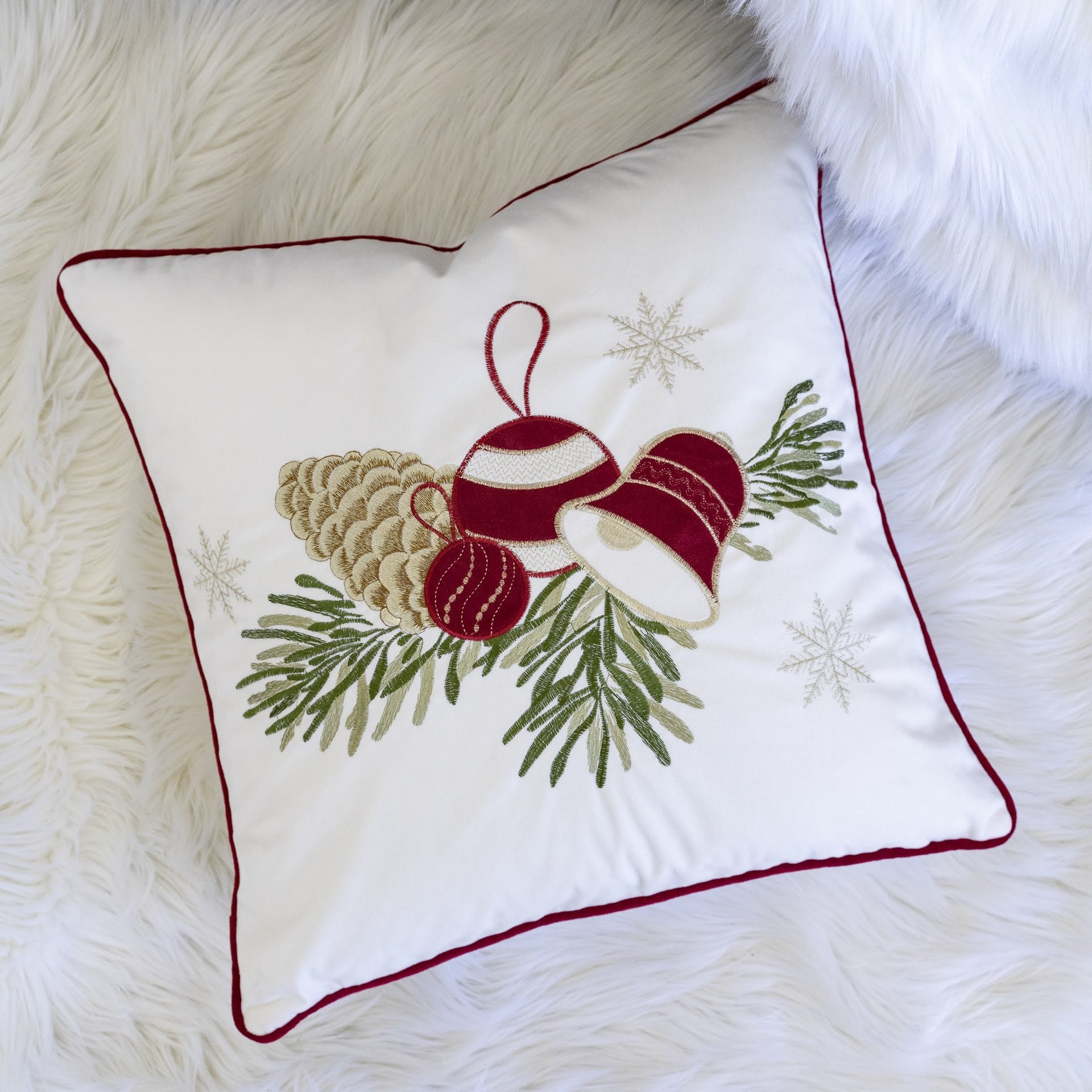White Christmas Throw Pillow with Pinecone & Ornament Embroidery – 20x20 with Insert Set of 2
