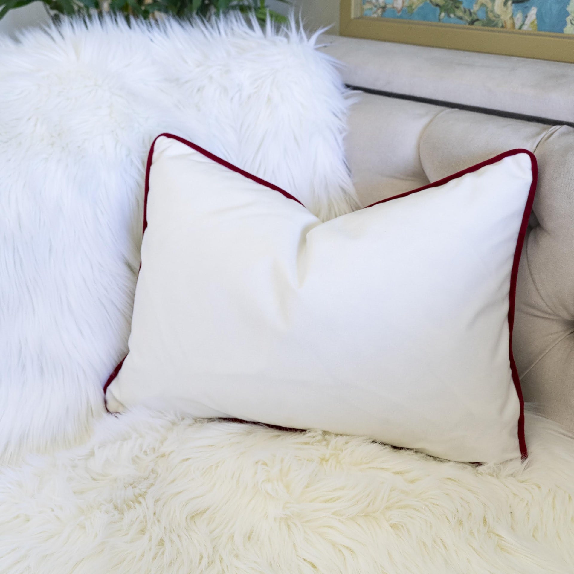 JOY Embroidered Christmas Throw Pillow – 14x20" Velvet Lumbar Cushion in Red and White with Green Holiday Accents Set of 2