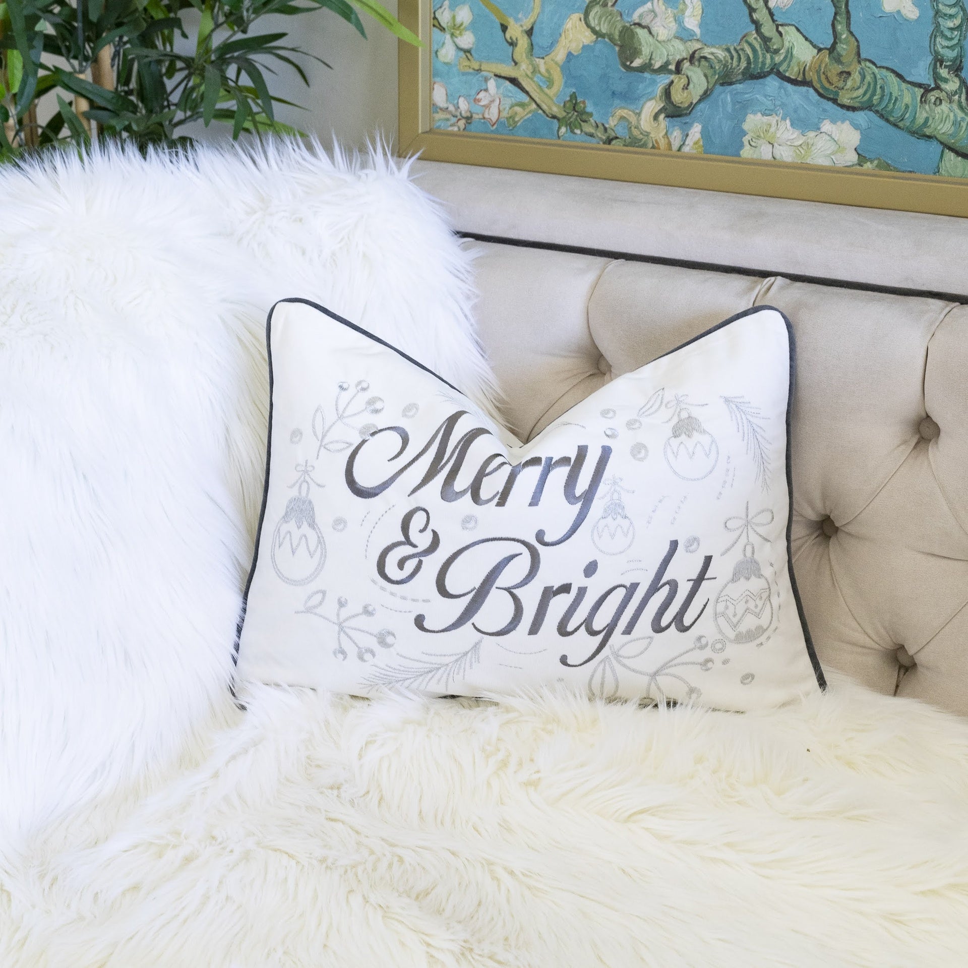 Merry & Bright Christmas Throw Pillow – 14x20" White and Silver Embroidered Velvet Lumbar Cushion Set of 2