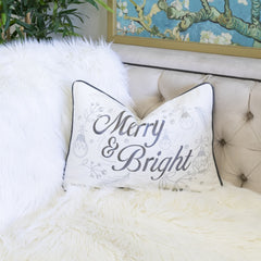 Merry & Bright Christmas Throw Pillow – 14x20" White and Silver Embroidered Velvet Lumbar Cushion Set of 2