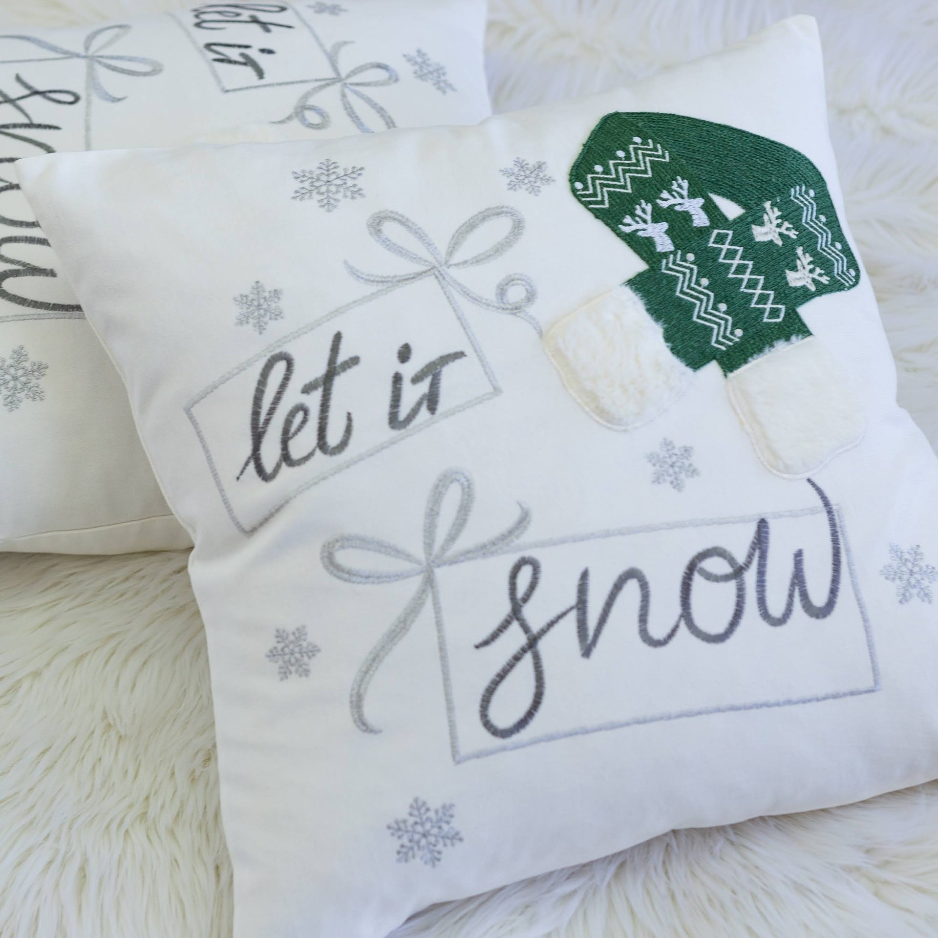 Let It Snow Christmas Throw Pillow – 20x20" Square Cotton Cushion with Green Knit Hat Design and Insert Set of 2