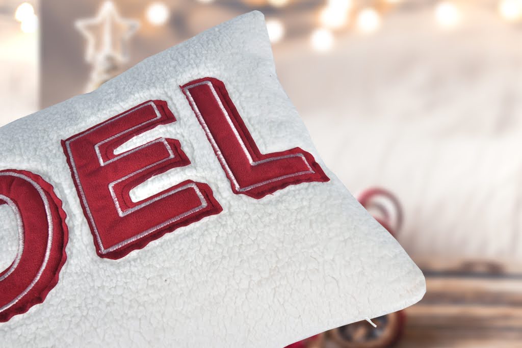 Noel Christmas Throw Pillow with Insert – 14x20" White Sherpa Accent Cushion in Red and Ivory Set of 2