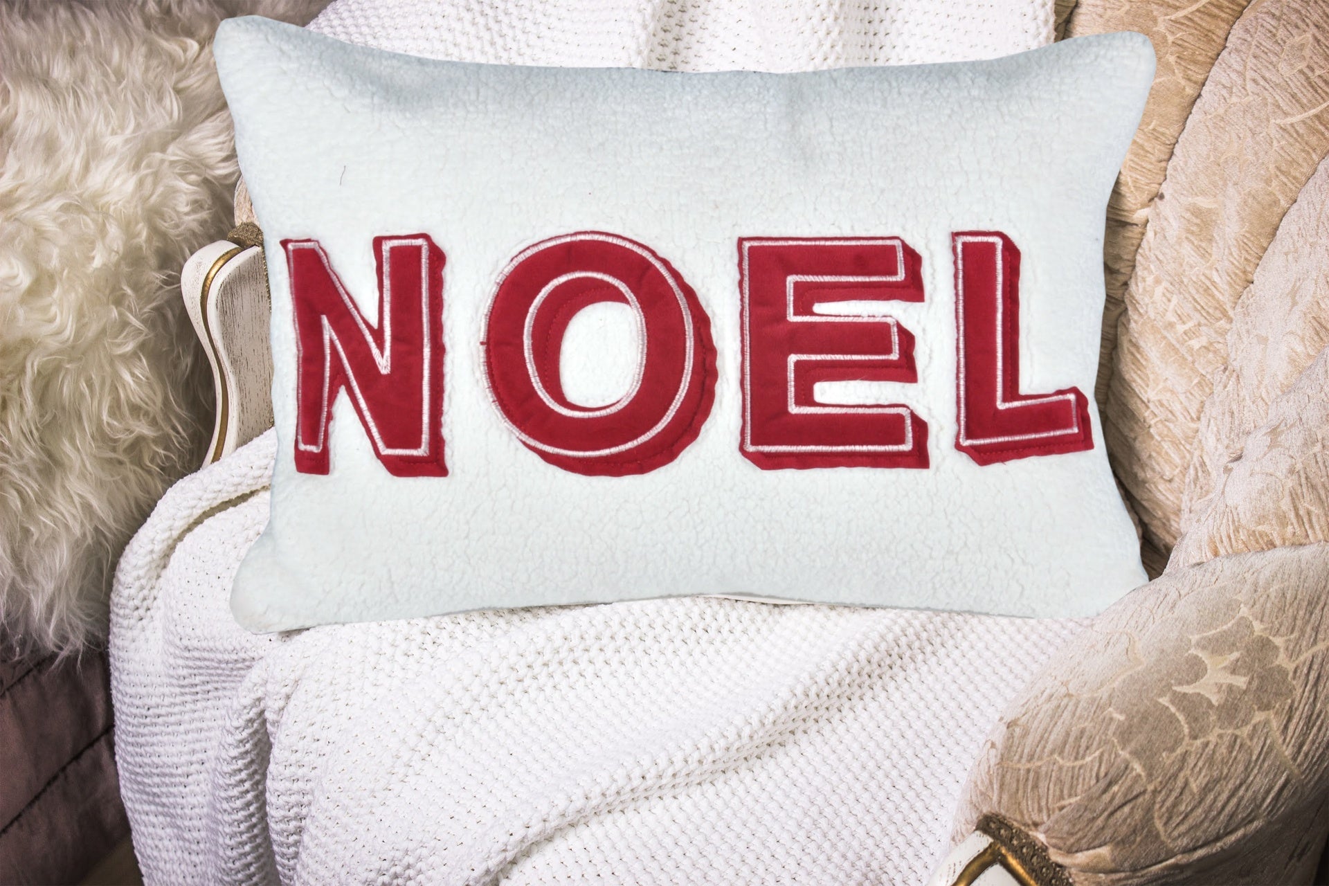 Noel Christmas Throw Pillow with Insert – 14x20" White Sherpa Accent Cushion in Red and Ivory Set of 2
