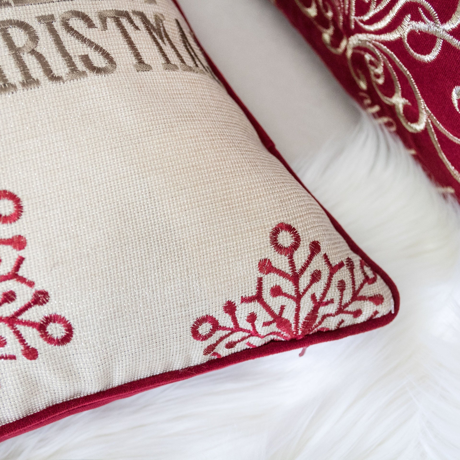 Merry Christmas Embroidered Poly Linen Throw Pillow – 20x20" Holiday Cushion with Reindeer, Trees & Snowflakes Set of 2