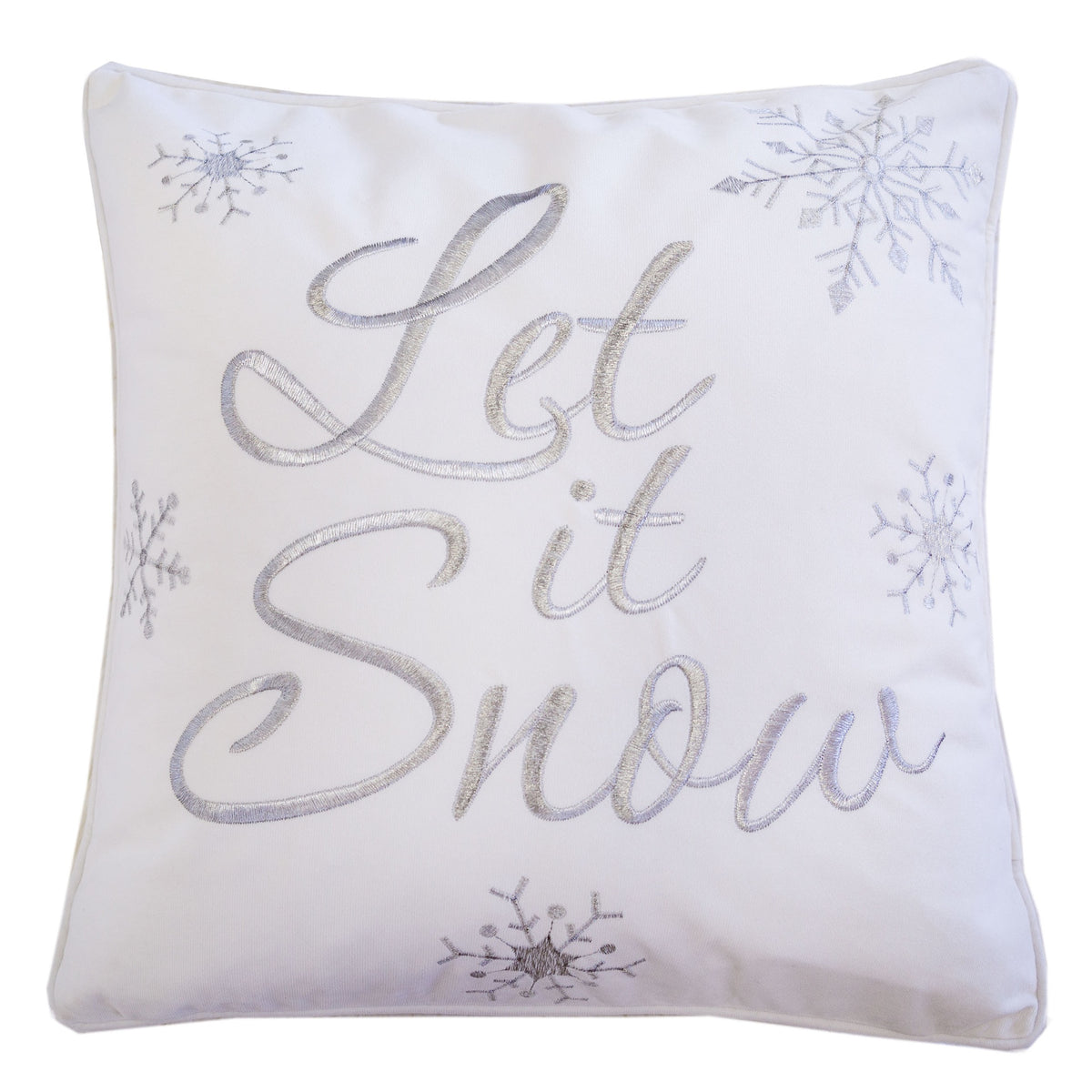 Let It Snow Embroidered Cotton Throw Pillow – 20x20" White Christmas Cushion with Snowflakes & Insert Set of 2