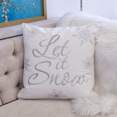 Let It Snow Embroidered Cotton Throw Pillow – 20x20" White Christmas Cushion with Snowflakes & Insert Set of 2