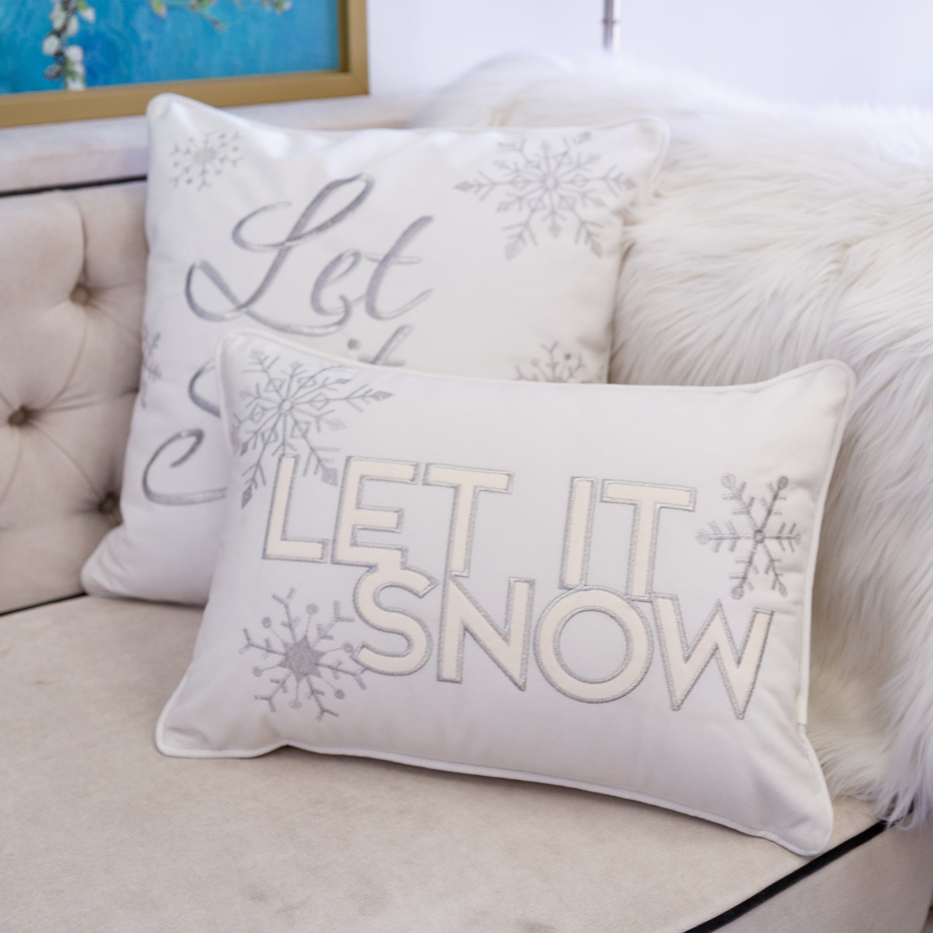 Nneka Let It Snow Ivory Velvet Lumbar Pillow with Insert 14x20 Set of 2