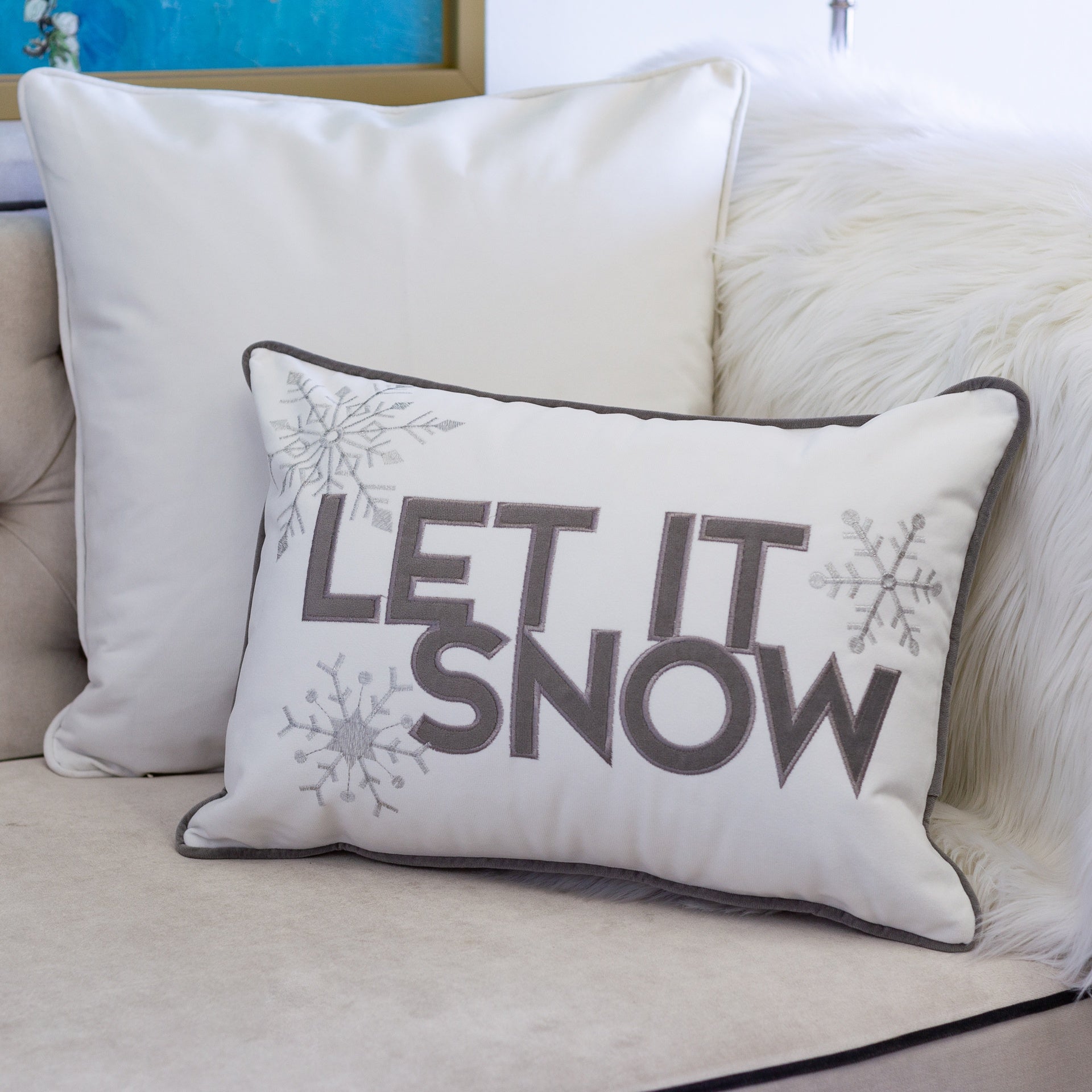 Nneka Let It Snow White Velvet Lumbar Pillow with Insert 14x20 Set of 2