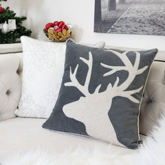 Holiday Reindeer Velvet Accent Pillow 20x20 – Gray and White with Insert Set of 2