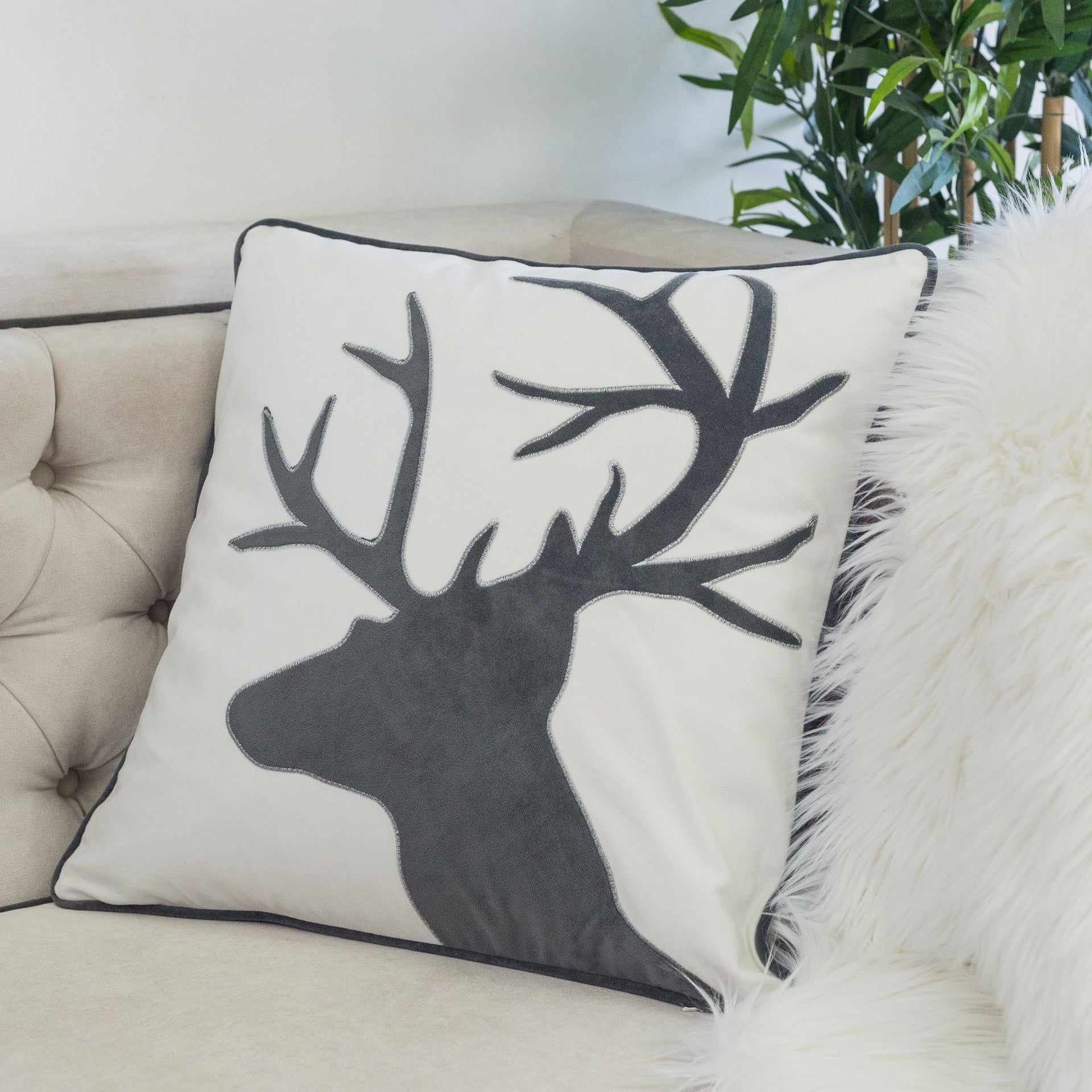 Holiday Reindeer Velvet Accent Pillow 20x20 – White and Gray with Insert Set of 2