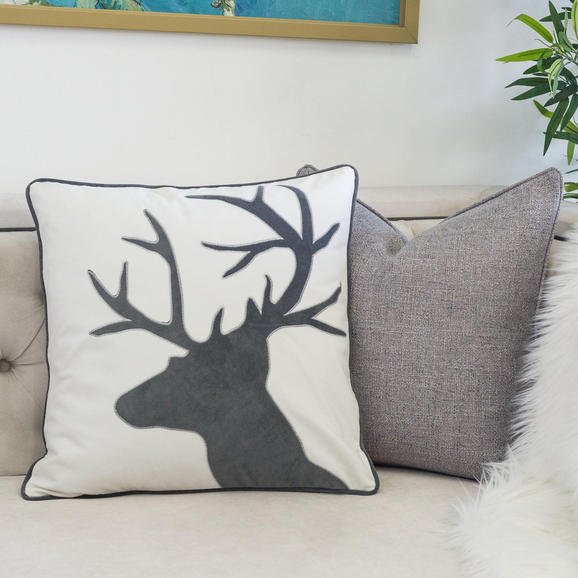 Holiday Reindeer Velvet Accent Pillow 20x20 – White and Gray with Insert Set of 2