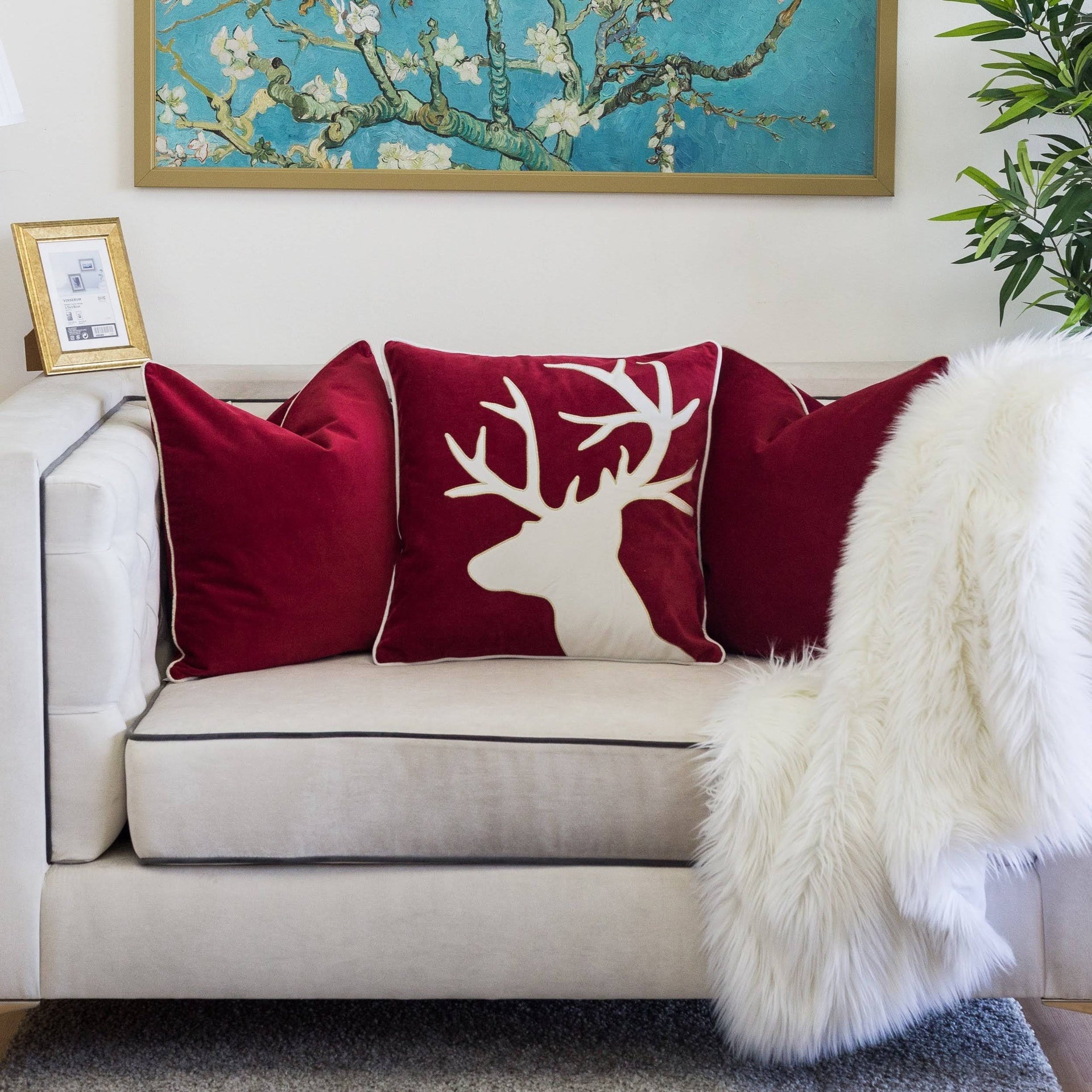 Holiday Reindeer Velvet Accent Pillow 20x20 – Red and White with Insert Set of 2