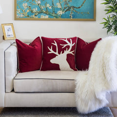 Holiday Reindeer Velvet Accent Pillow 20x20 – Red and White with Insert Set of 2