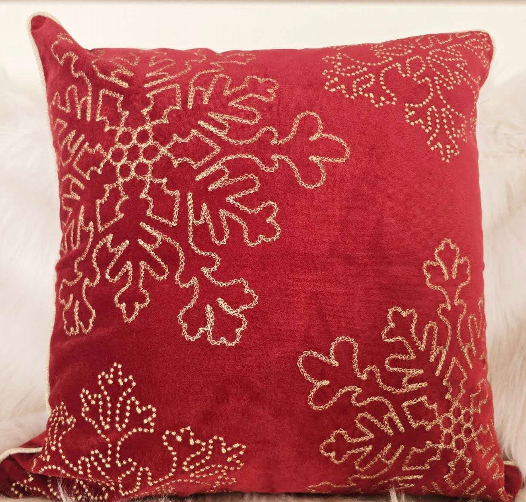 Red Velvet Holiday Throw Pillow 20x20 with Gold Snowflake Embroidery and Insert Set of 2