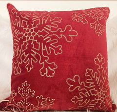 Red Velvet Holiday Throw Pillow 20x20 with Gold Snowflake Embroidery and Insert Set of 2
