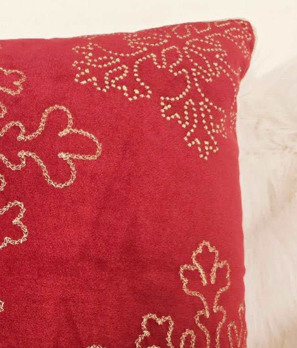Red Velvet Holiday Throw Pillow 20x20 with Gold Snowflake Embroidery and Insert Set of 2