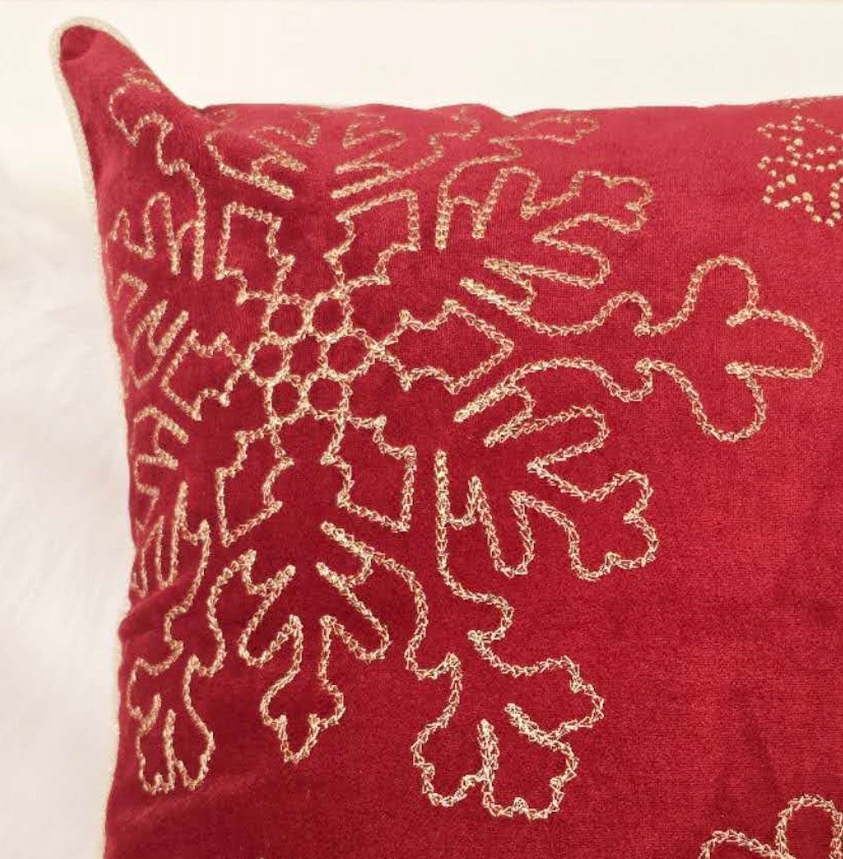Red Velvet Holiday Throw Pillow 20x20 with Gold Snowflake Embroidery and Insert Set of 2