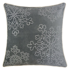 Gray Velvet Holiday Throw Pillow 20x20 with Silver Snowflake Embroidery and Insert Set of 2