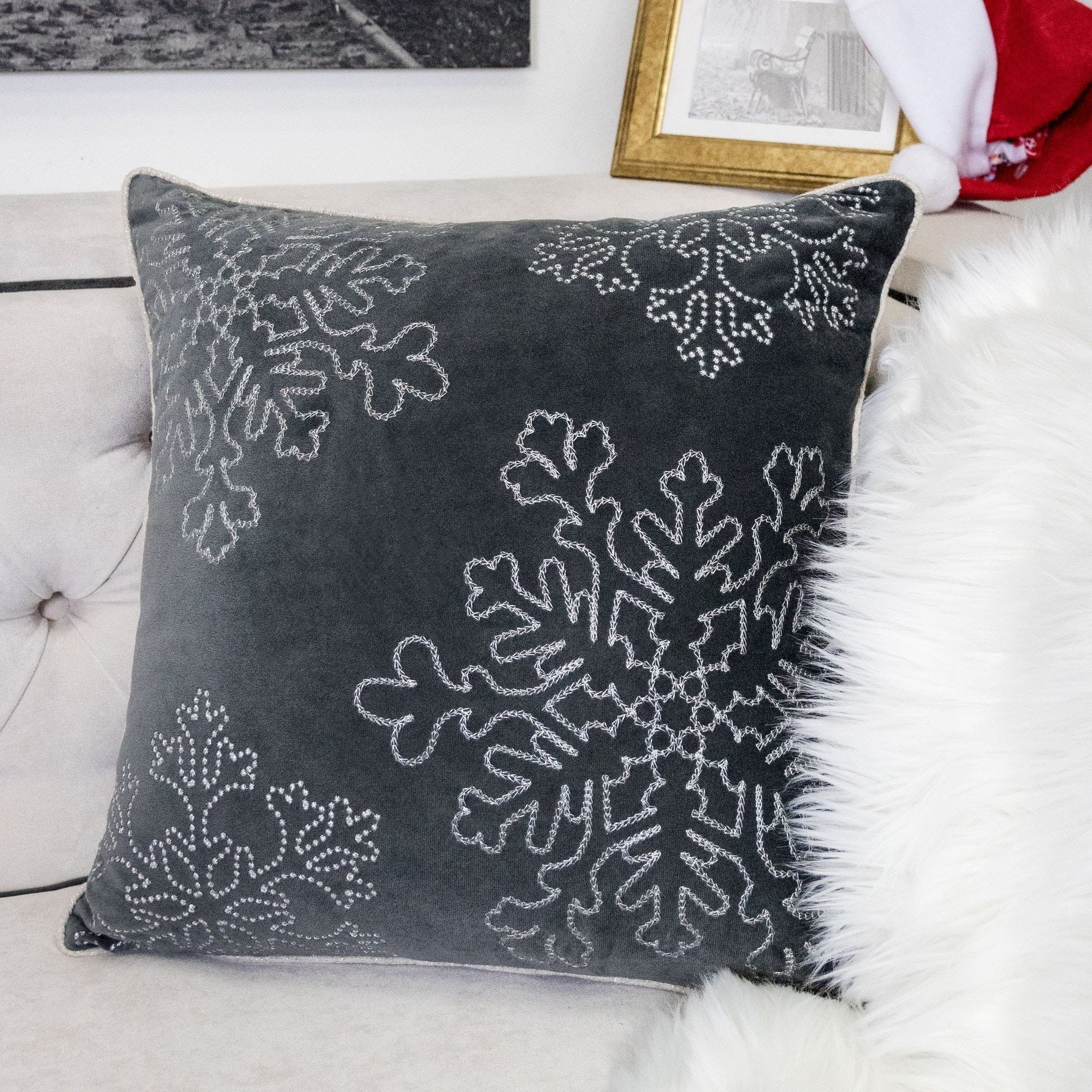 Gray Velvet Holiday Throw Pillow 20x20 with Silver Snowflake Embroidery and Insert Set of 2