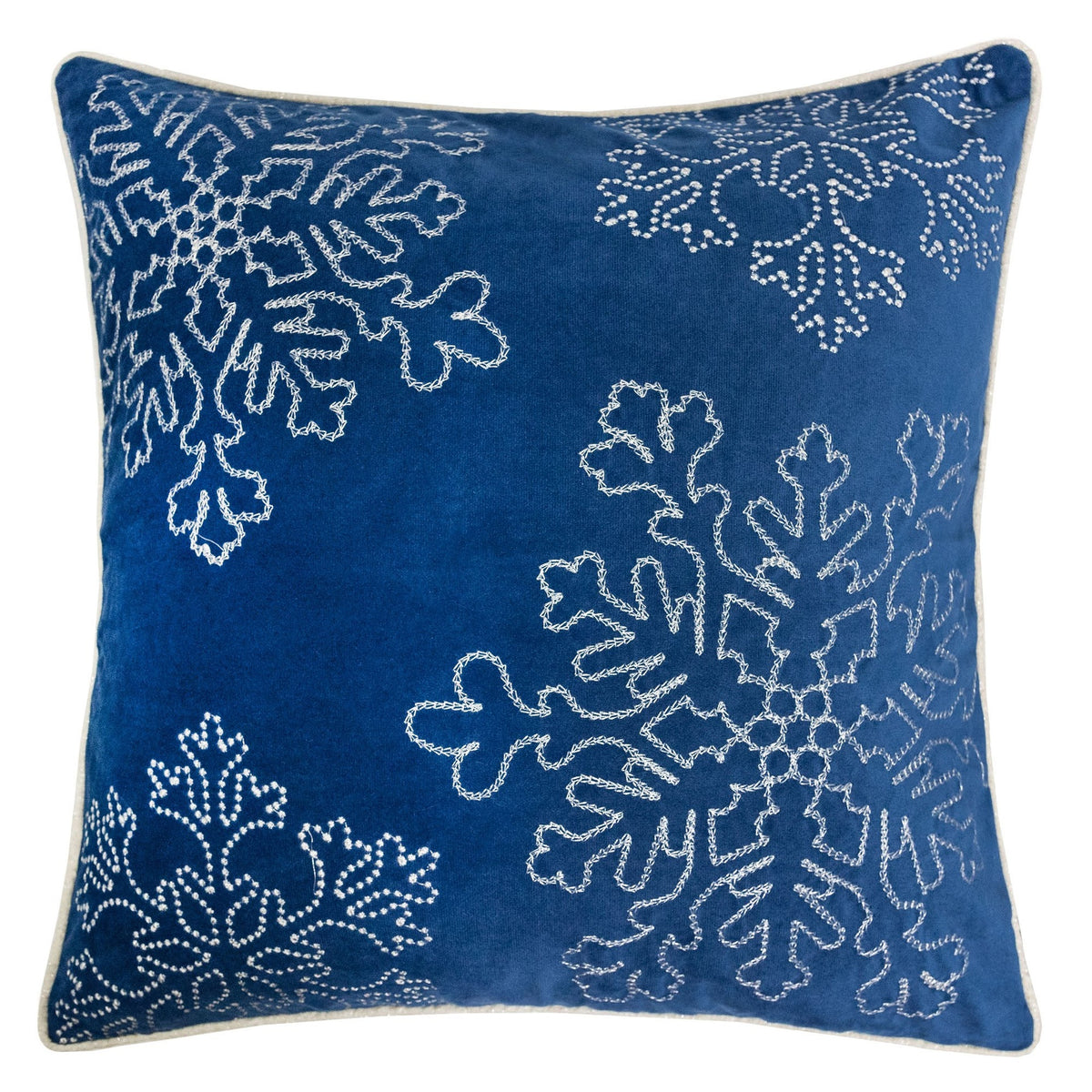 Blue Velvet Holiday Throw Pillow 20x20 with Silver Snowflake Embroidery and Insert Set of 2