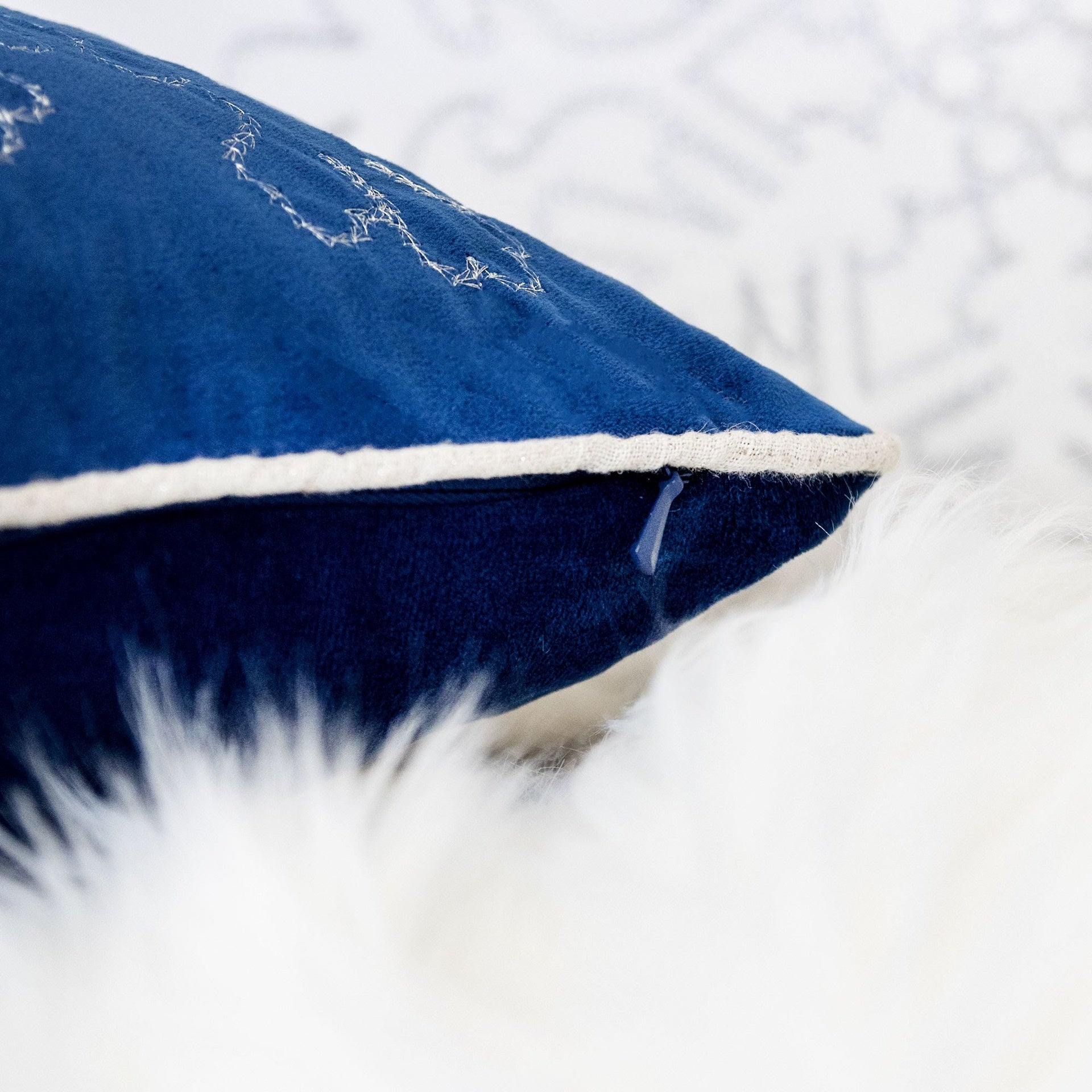 Blue Velvet Holiday Throw Pillow 20x20 with Silver Snowflake Embroidery and Insert Set of 2
