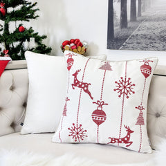 White Christmas Throw Pillow 20x20 with Red Embroidered Reindeer and Snowflakes Set of 2