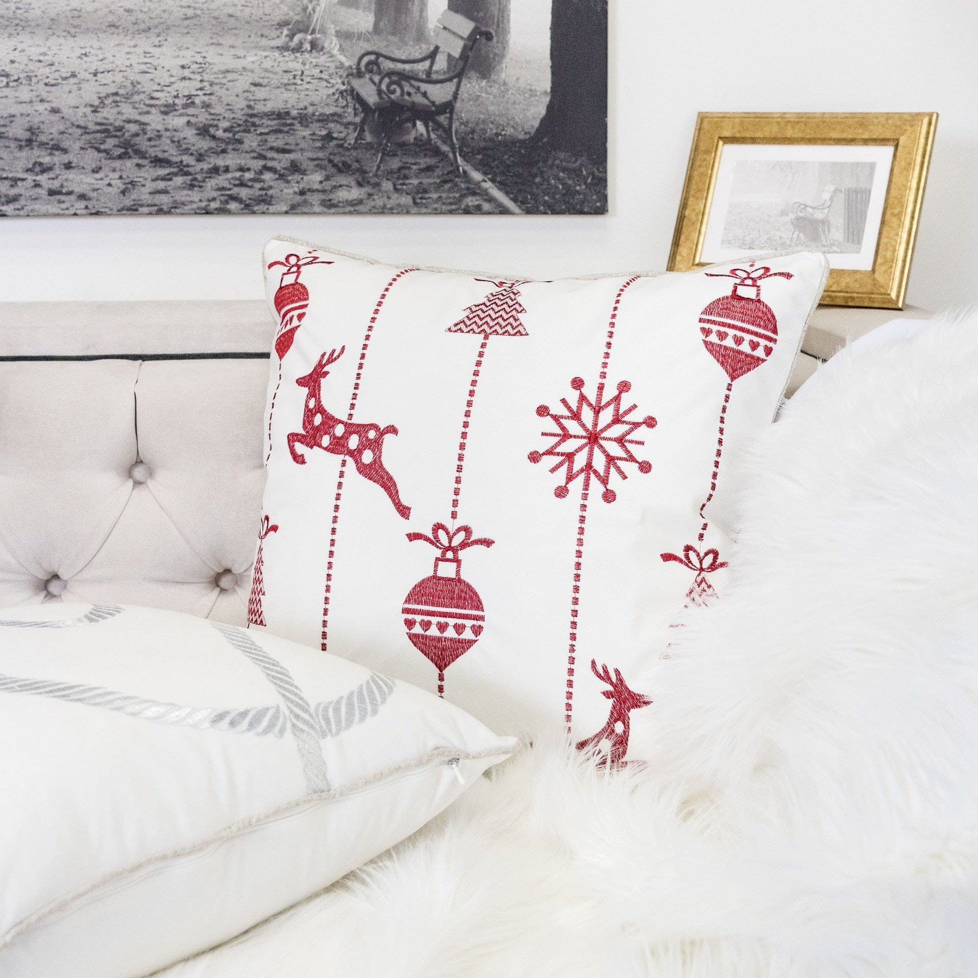 White Christmas Throw Pillow 20x20 with Red Embroidered Reindeer and Snowflakes Set of 2