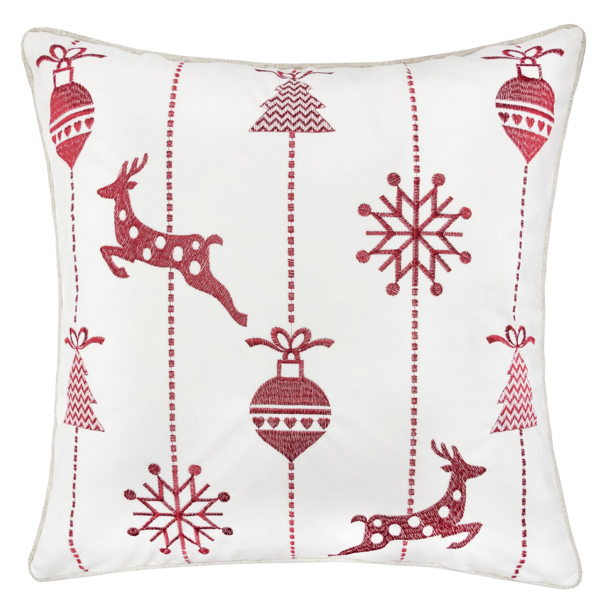 White Christmas Throw Pillow 20x20 with Red Embroidered Reindeer and Snowflakes Set of 2