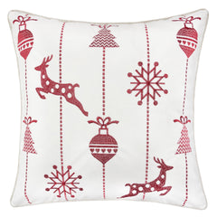 White Christmas Throw Pillow 20x20 with Red Embroidered Reindeer and Snowflakes Set of 2