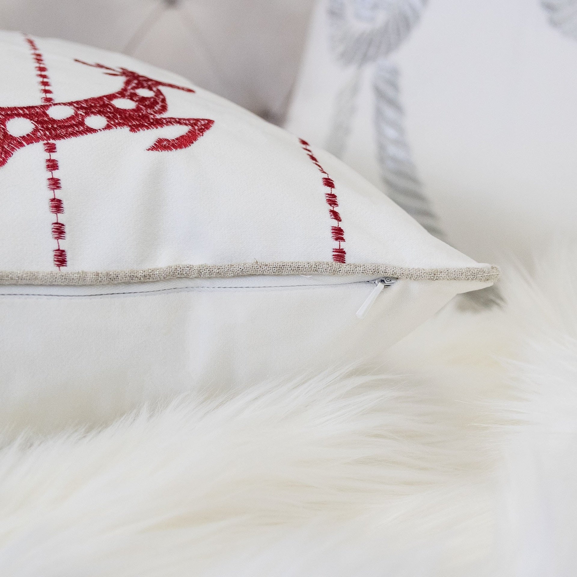 White Christmas Throw Pillow 20x20 with Red Embroidered Reindeer and Snowflakes Set of 2