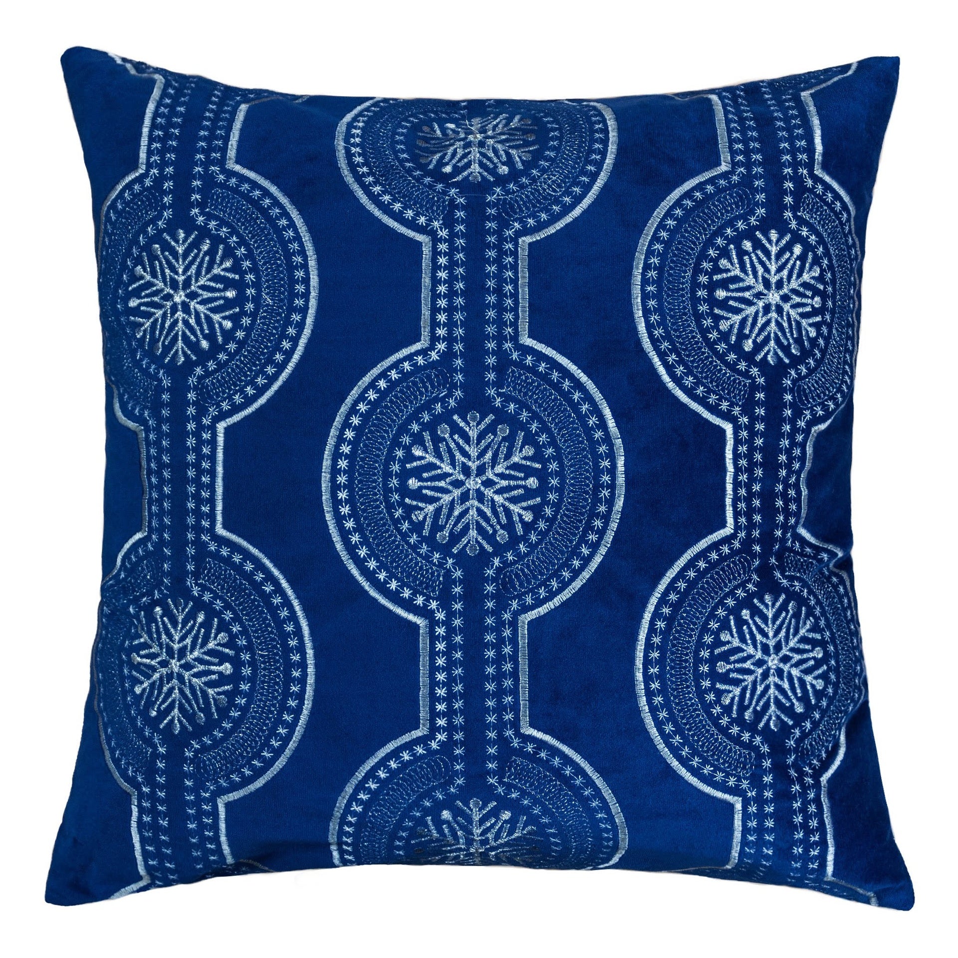 Holiday Blue Velvet Throw Pillow with White Snowflake Embroidery, 20x20 with Insert Set of 2