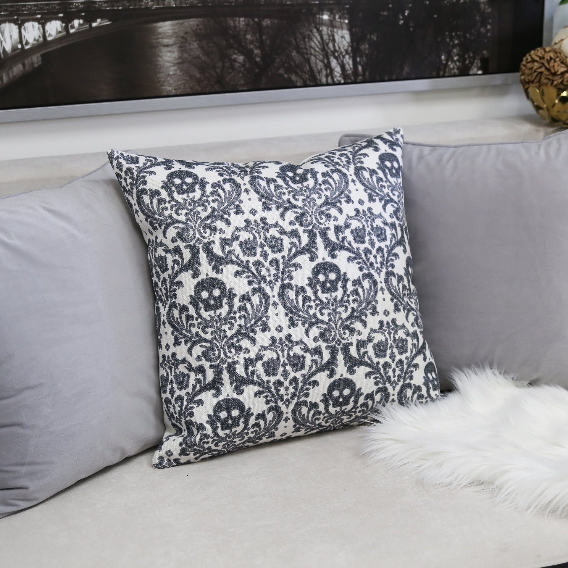 Baroque Skull Throw Pillow – Black & White Day of the Dead Accent Cushion