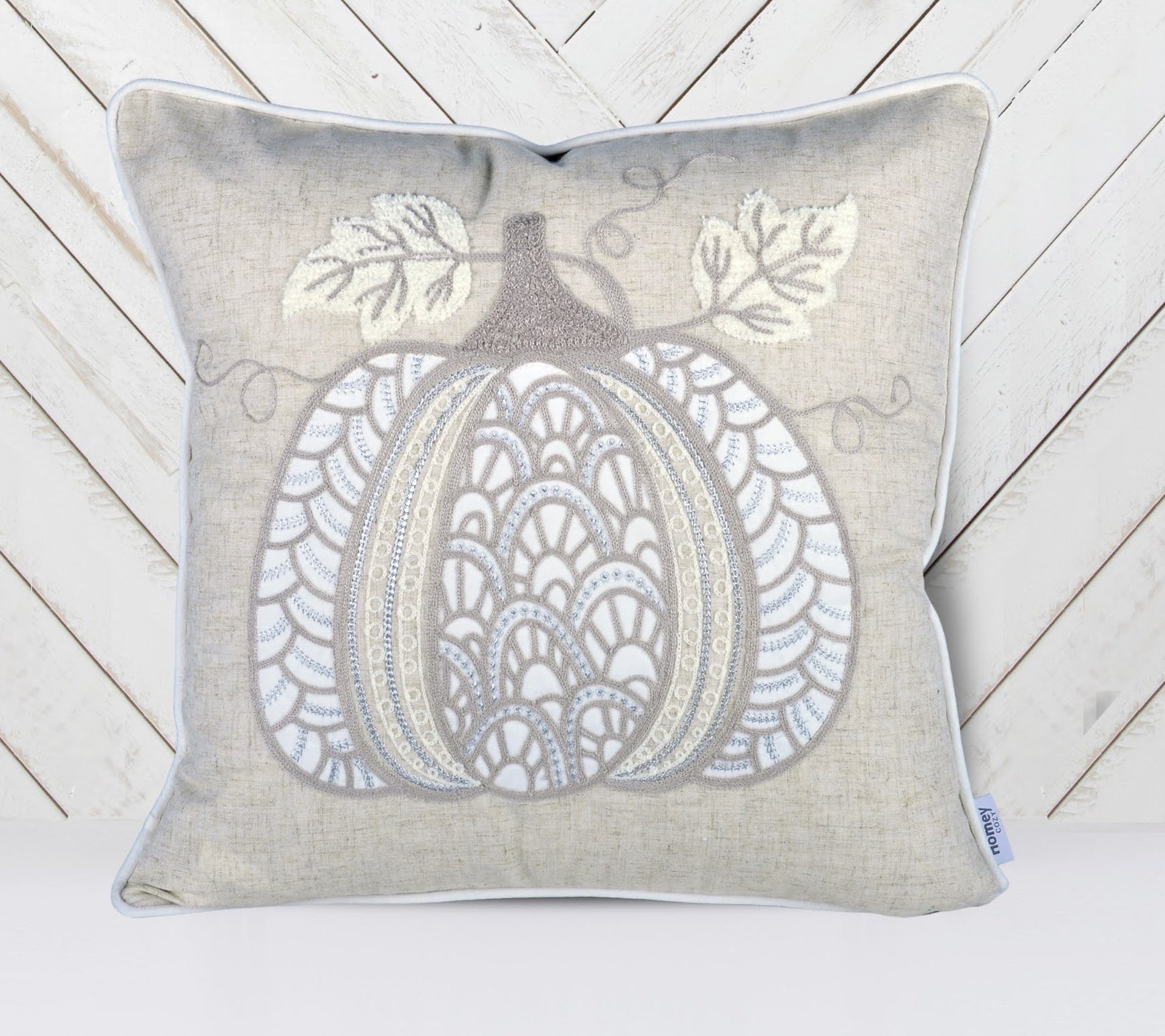 Lace Embroidered Pumpkin Throw Pillow – Neutral Fall Accent Cushion