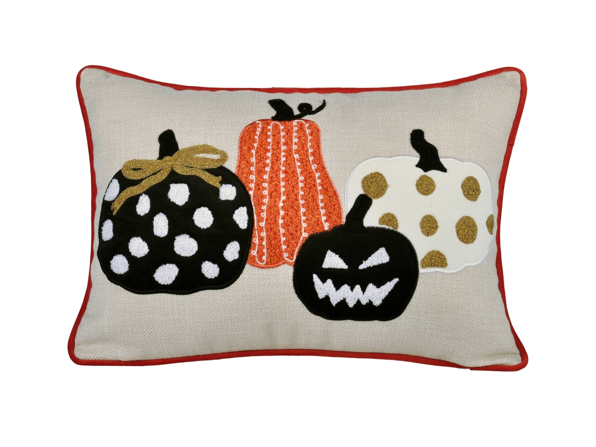 Halloween Pumpkin Embroidered Throw Pillow – Spooky Polka Dot Linen Cushion
