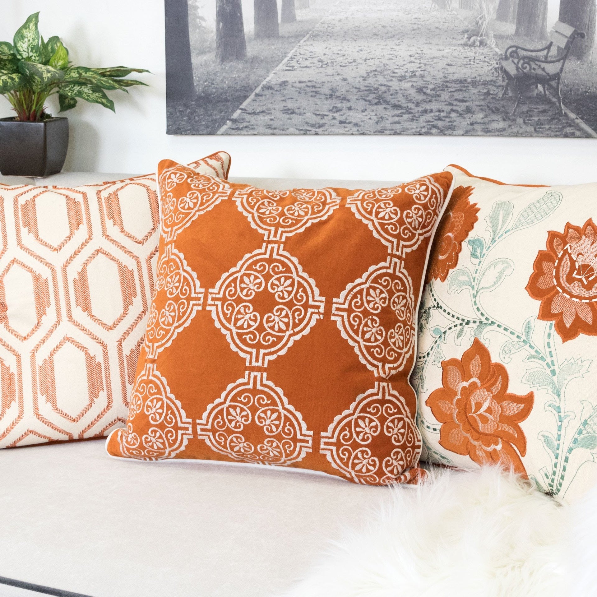 Burnt Orange Damask Embroidered Throw Pillow – Boho Geometric Cushion