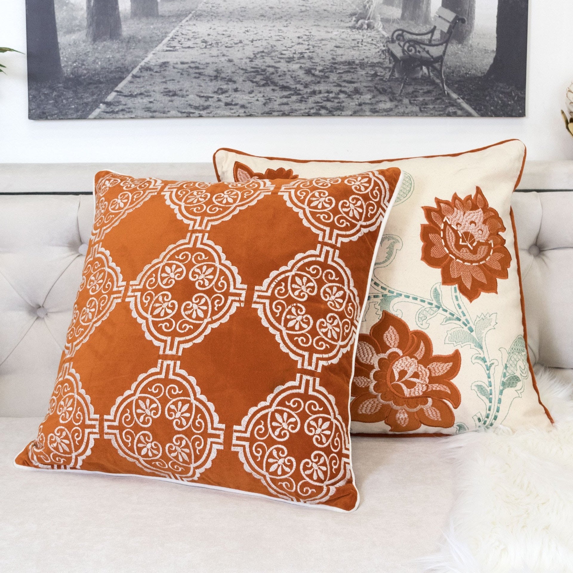 Burnt Orange Damask Embroidered Throw Pillow – Boho Geometric Cushion