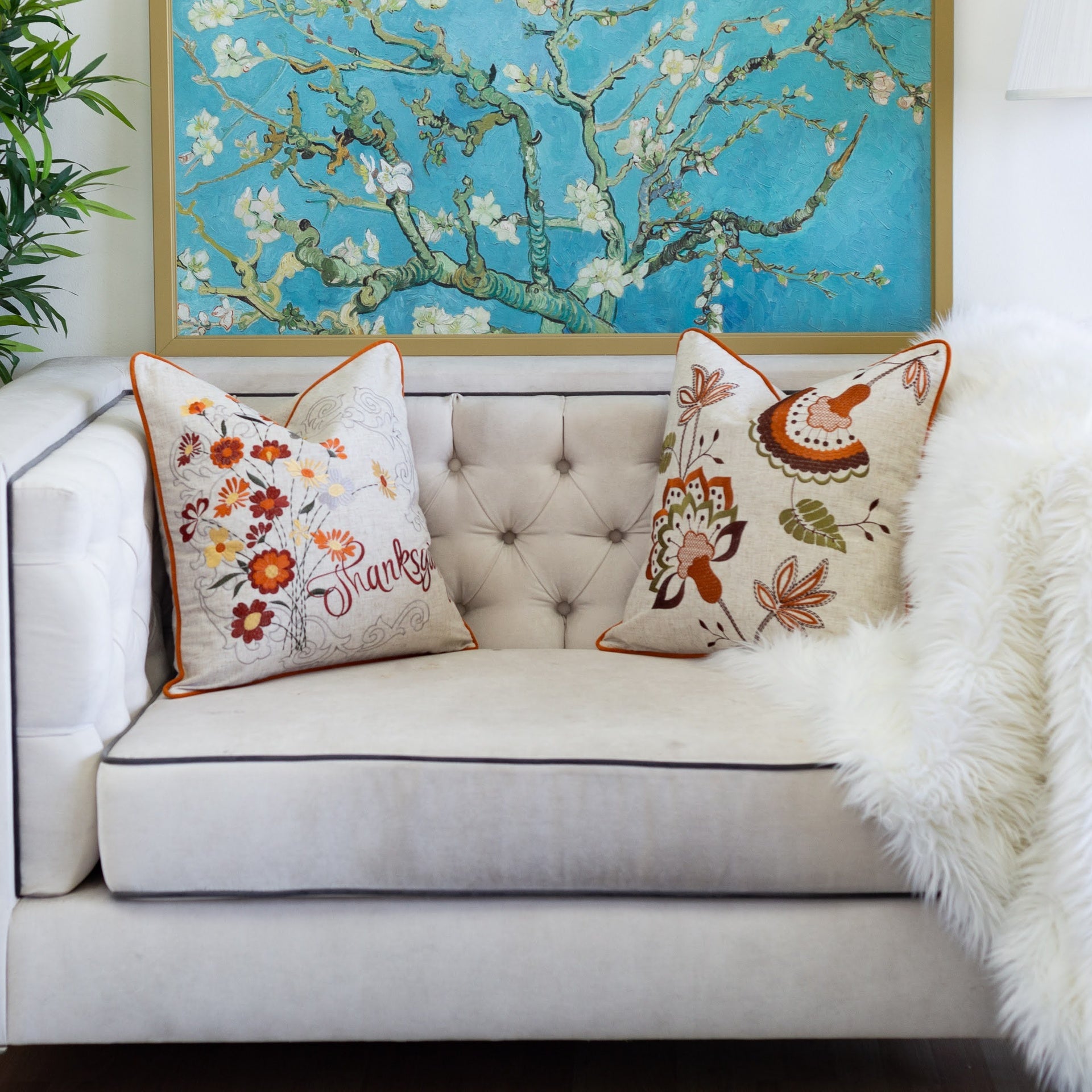 Thanksgiving Embroidered Floral Throw Pillow – Autumn Harvest Accent Cushion
