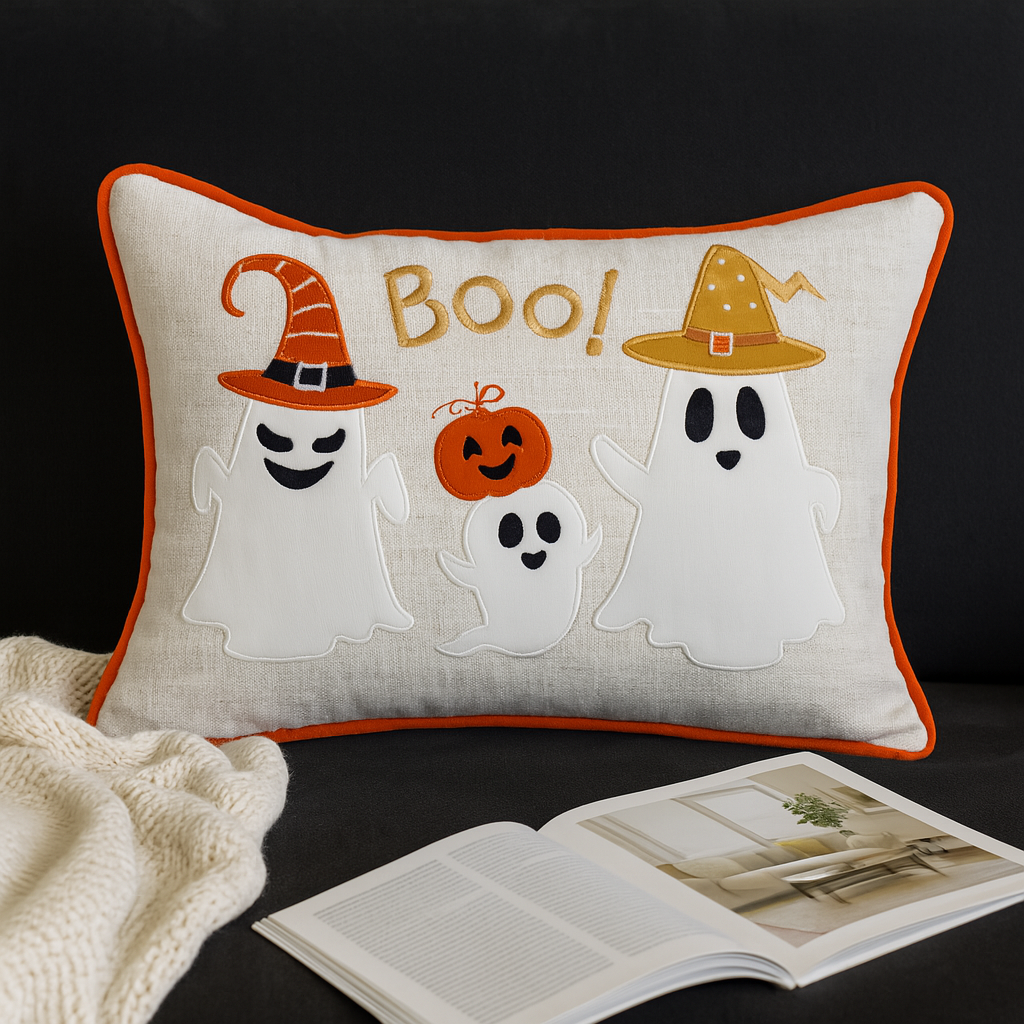 Halloween Boo Ghost Pillow – Embroidered 14x20 Fall Accent with Insert & Cover