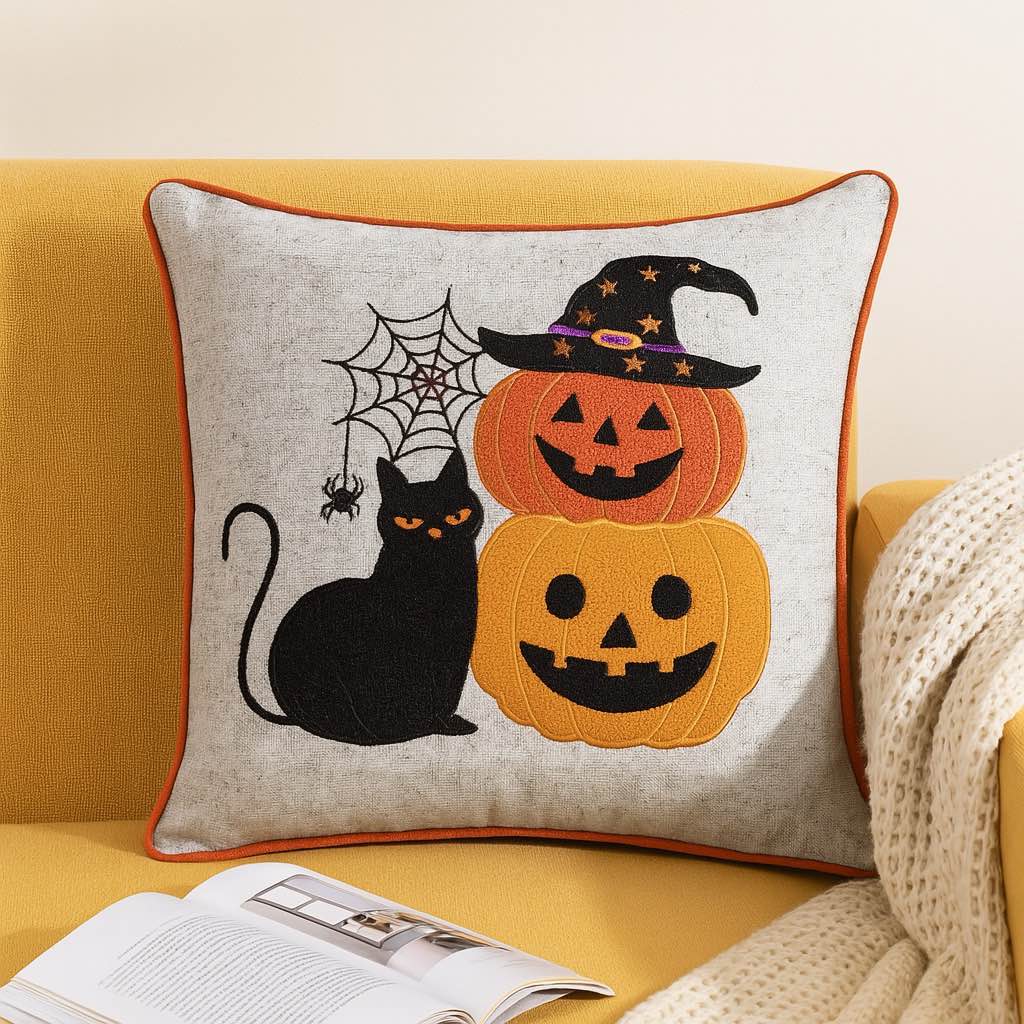 Halloween Black Cat & Pumpkin Stack Throw Pillow