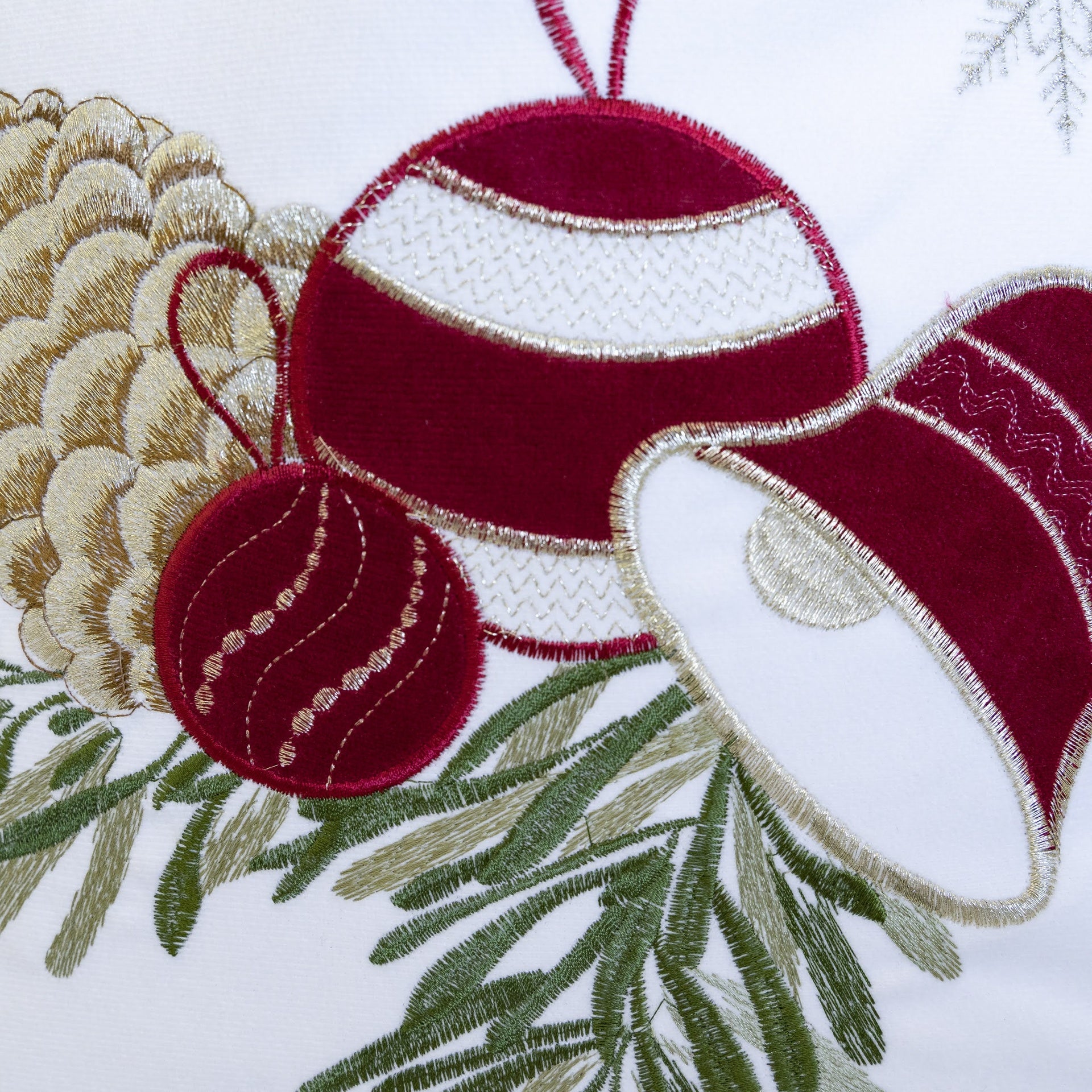 White Christmas Throw Pillow with Pinecone & Ornament Embroidery – 20x20 with Insert