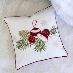 White Christmas Throw Pillow with Pinecone & Ornament Embroidery – 20x20 with Insert