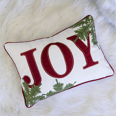 JOY Embroidered Christmas Throw Pillow – 14x20" Velvet Lumbar Cushion in Red and White with Green Holiday Accents