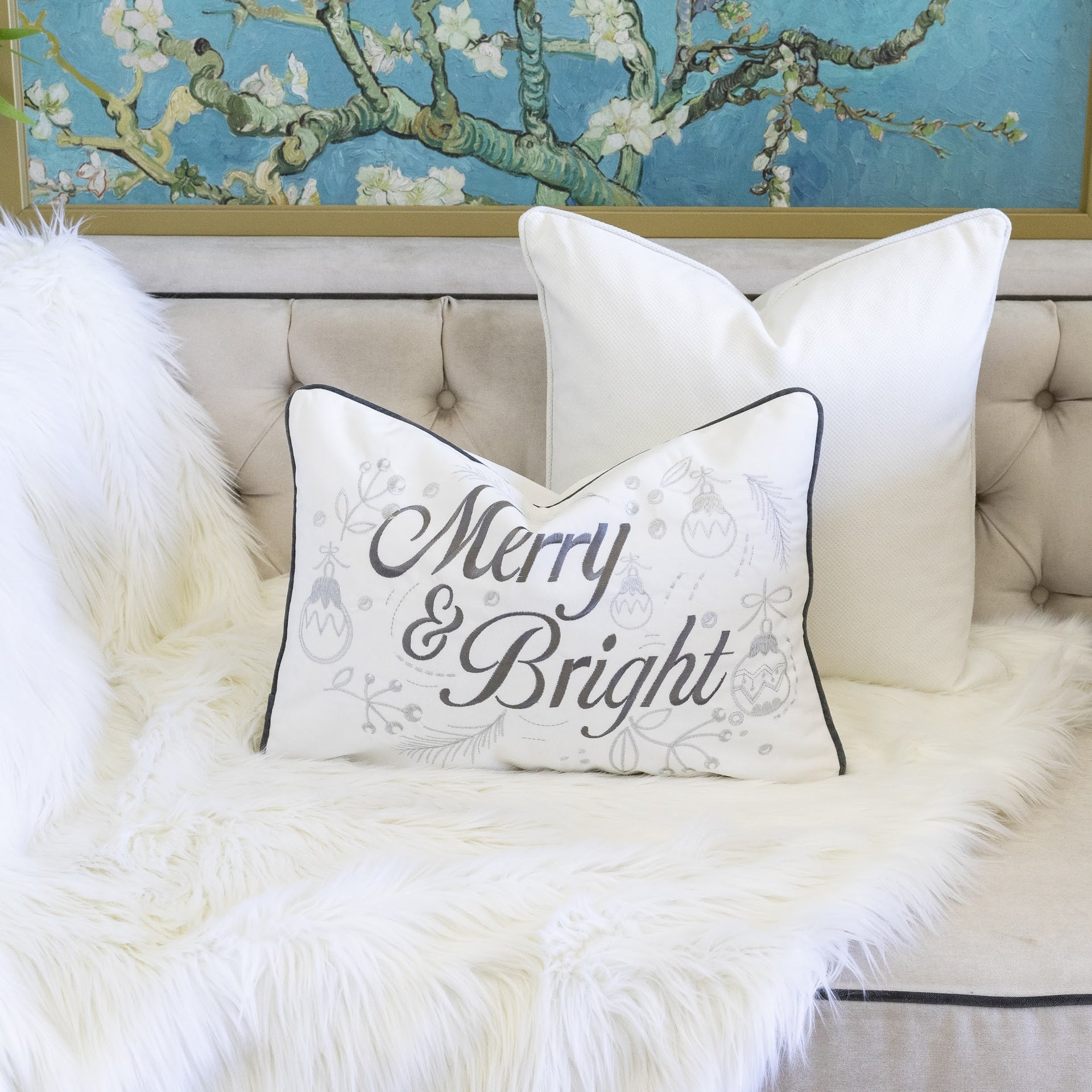 Merry & Bright Christmas Throw Pillow – 14x20" White and Silver Embroidered Velvet Lumbar Cushion