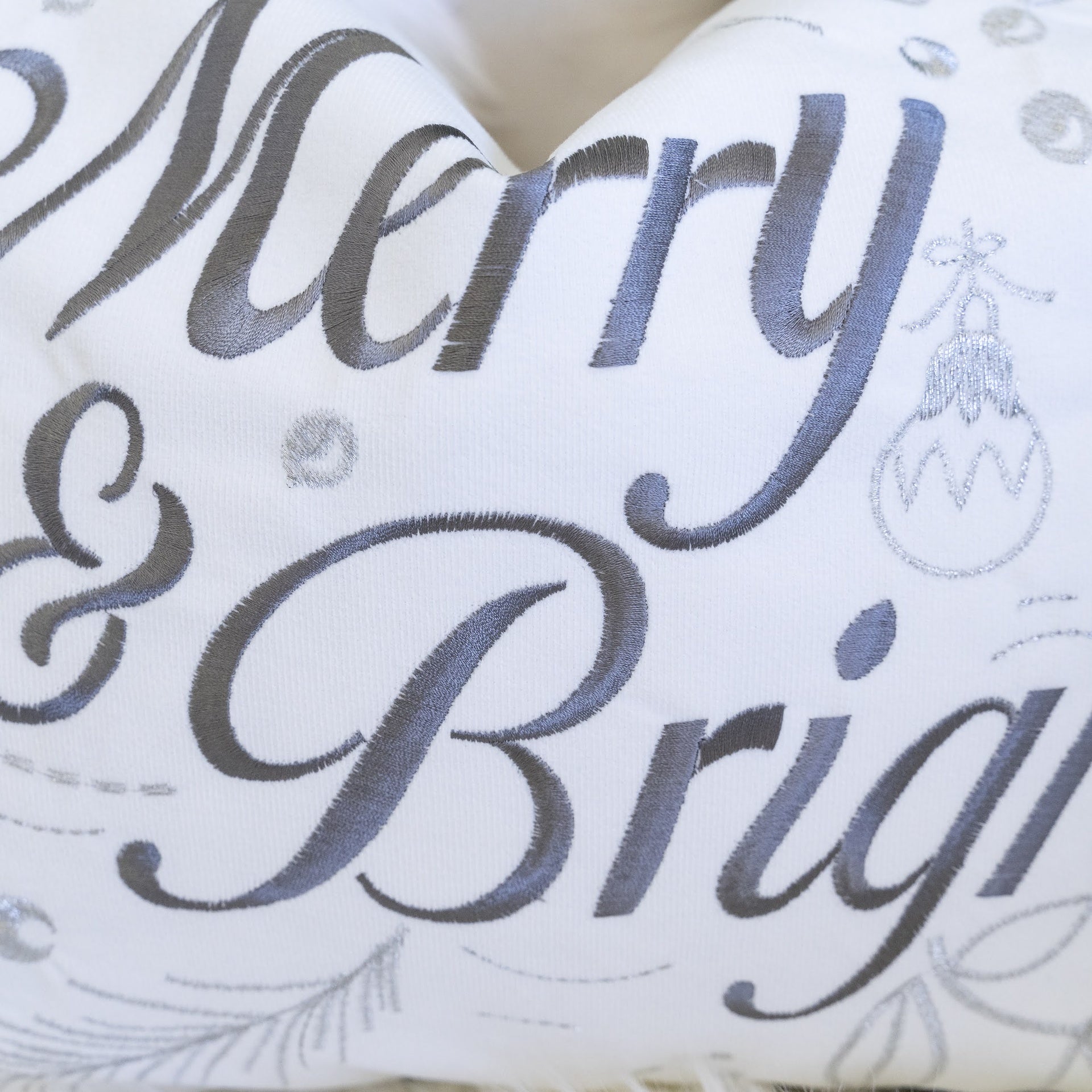 Merry & Bright Christmas Throw Pillow – 14x20" White and Silver Embroidered Velvet Lumbar Cushion